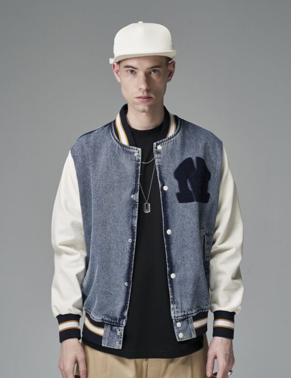 Refined Dark Blue Denim, Back Printed, College Jacket