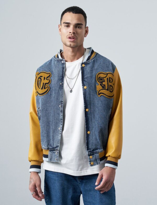 Refined Dark Blue Denim,Large Patched, College Jacket