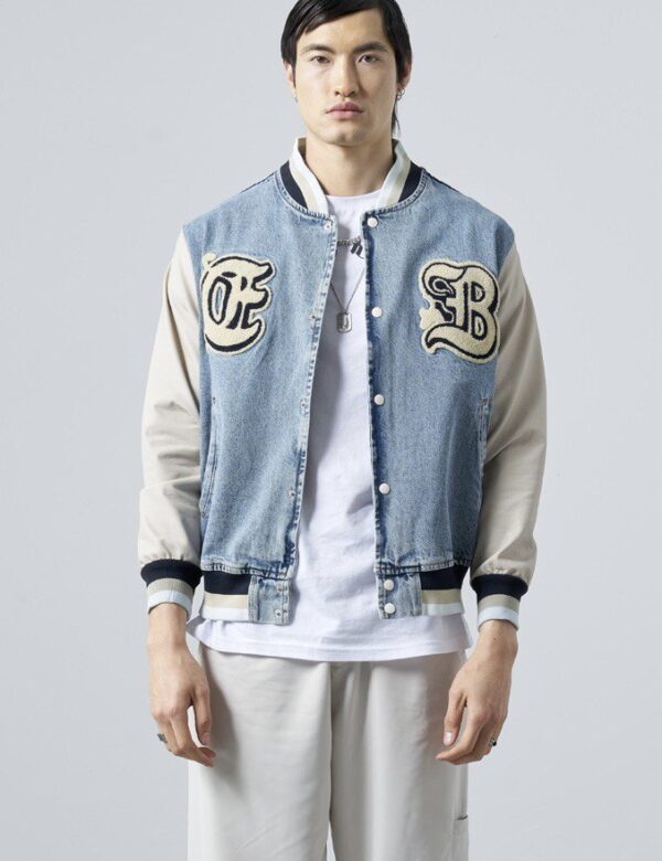 Refined Light Blue Denim, Large Patched, College Jacket